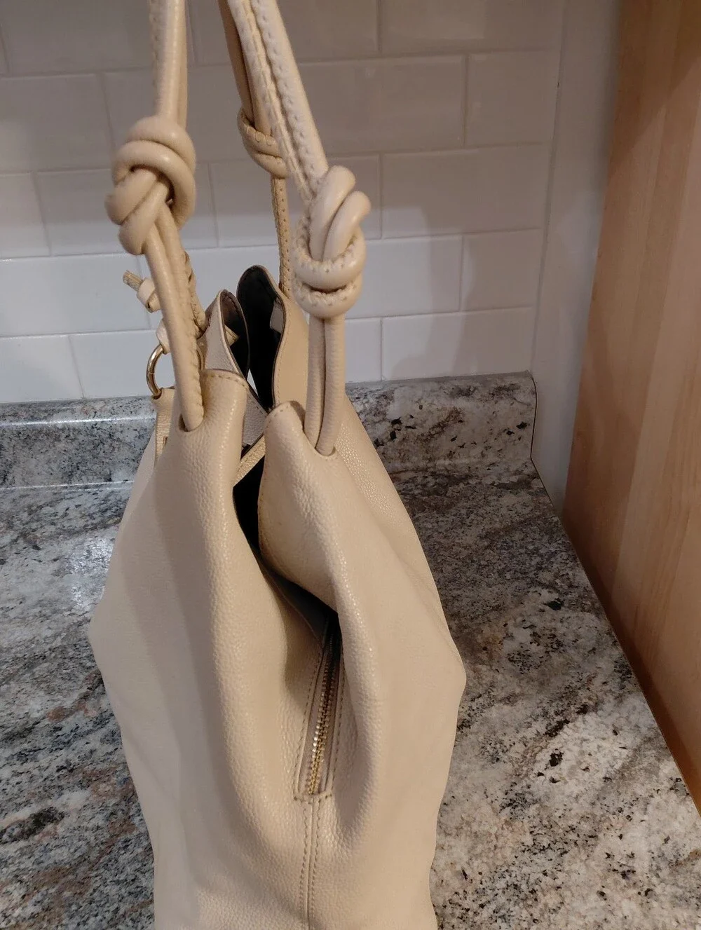 Vince Camuto Cream Pebbled Leather Knotted-Handle Hobo Bag Purse